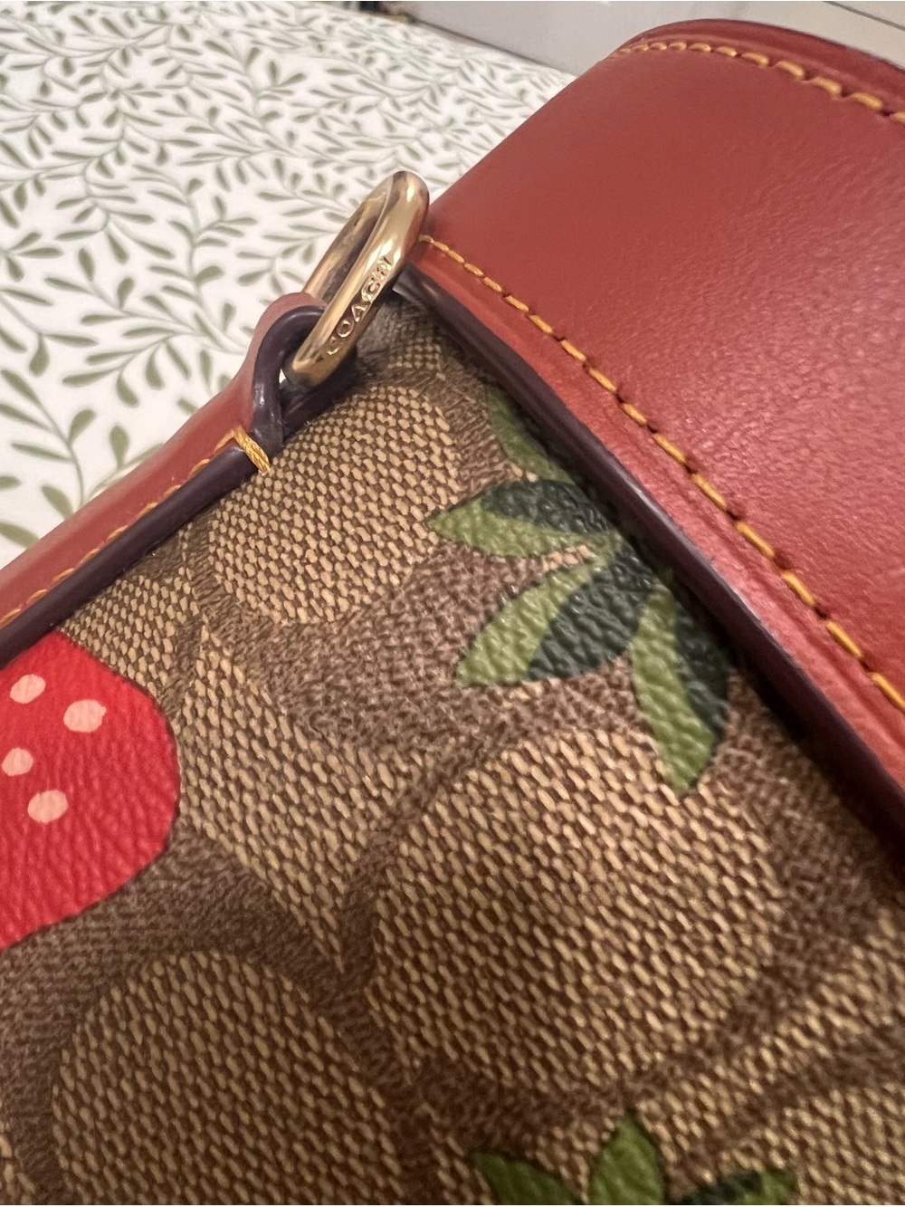 Coach Strawberry Print Signature Mini Top-Handle Bag in Red and Brown - Picture 4 of 8